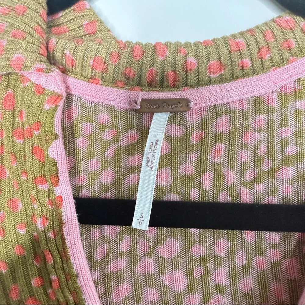 Free People Olive Green Pink Dot Cropped Long Sleeve Top Size Small